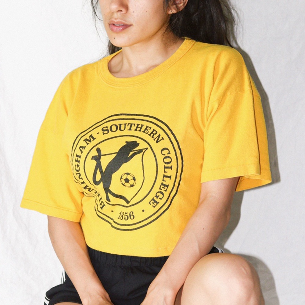 Vintage Champion Soccer Spell Out Yellow And Black Crop Top T-shirt Women’s L/XL - Picture 8 of 10